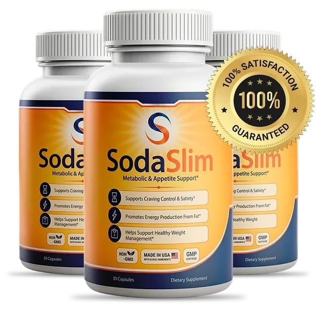 SodaSlim bottles beside a money-back emblem