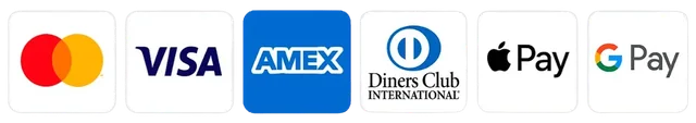 Payment logos: Mastercard, Visa, American Express, Diners Club, Apple Pay and Google Pay