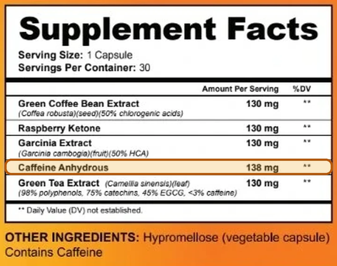 Supplement Facts crop with the Caffeine Anhydrous 138 mg line marked