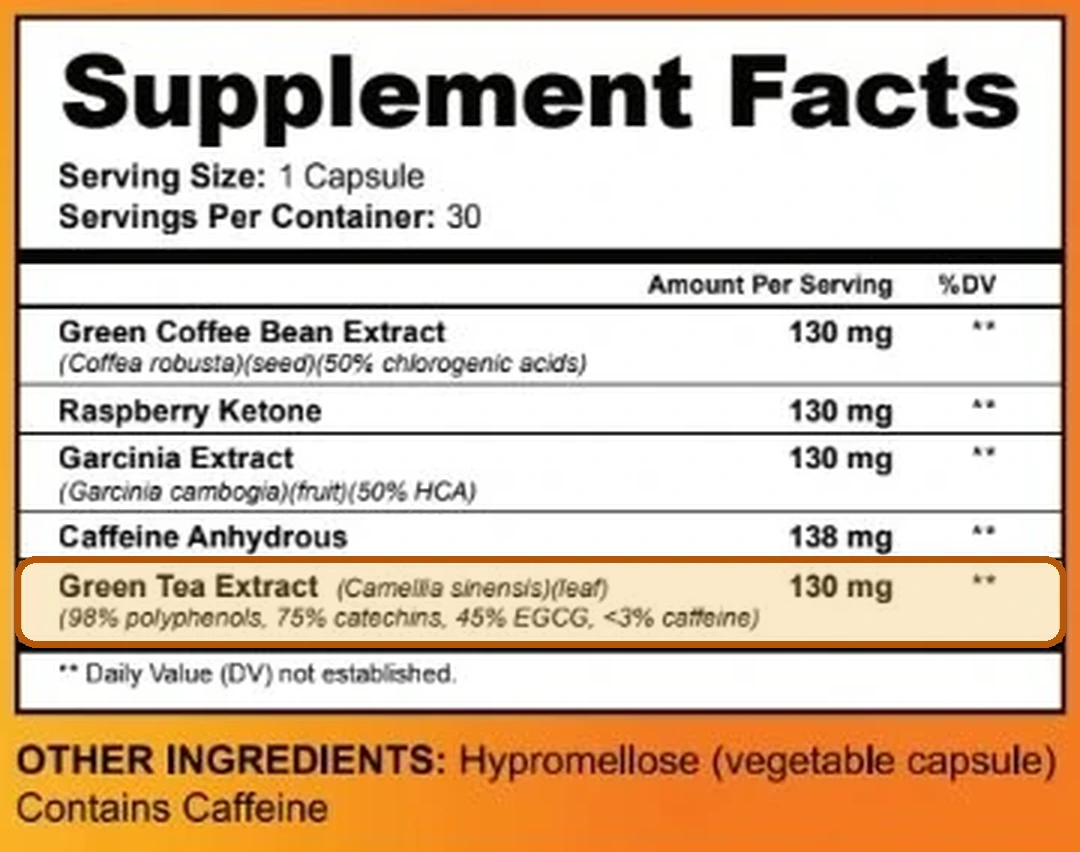The SodaSlim Supplement Facts panel with the green tea extract line marked