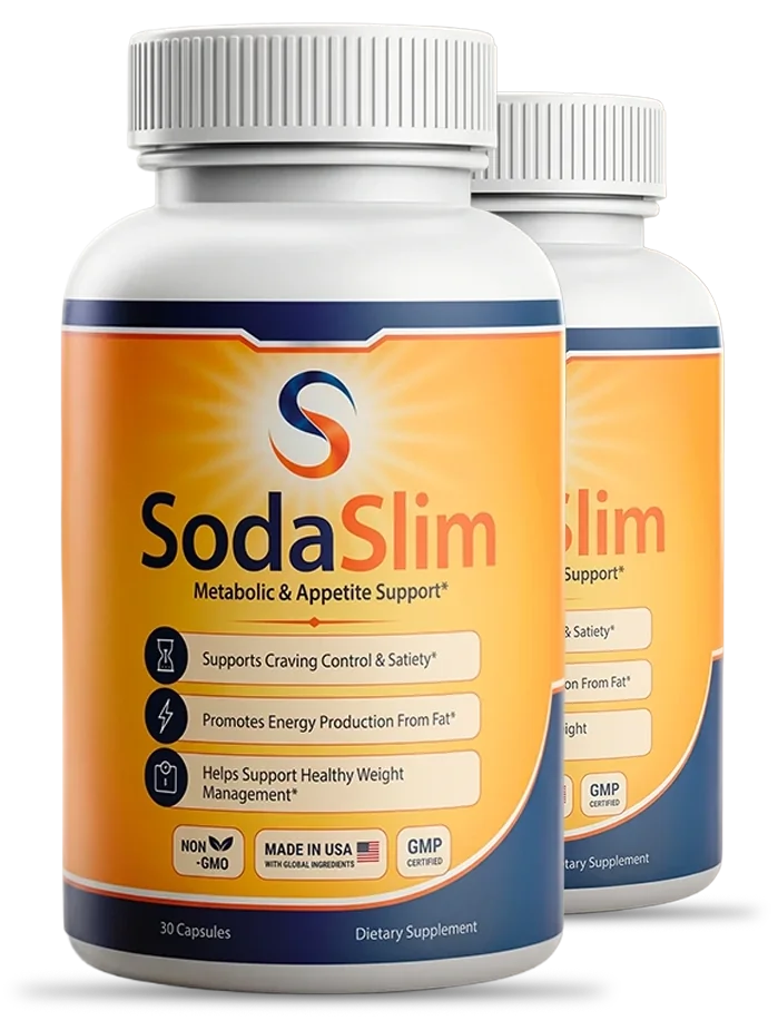 2 white SodaSlim capsule bottles with orange and navy labels