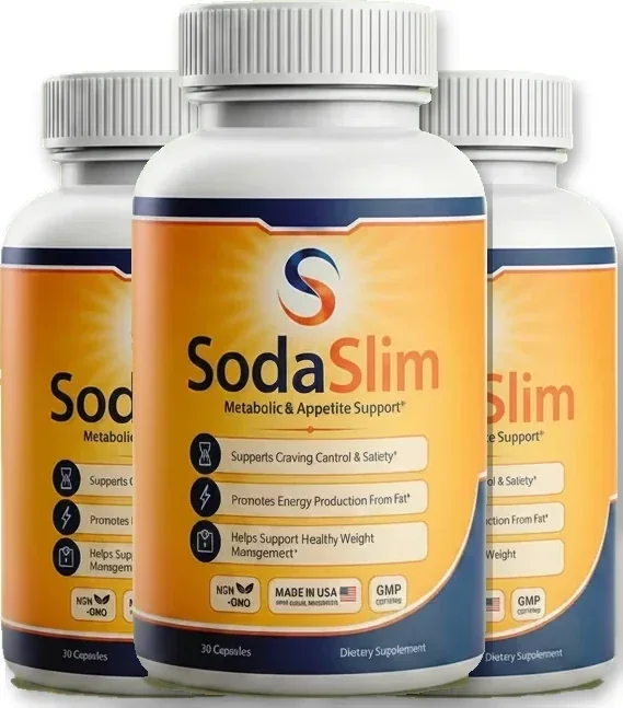 3 white SodaSlim capsule bottles with orange and navy labels
