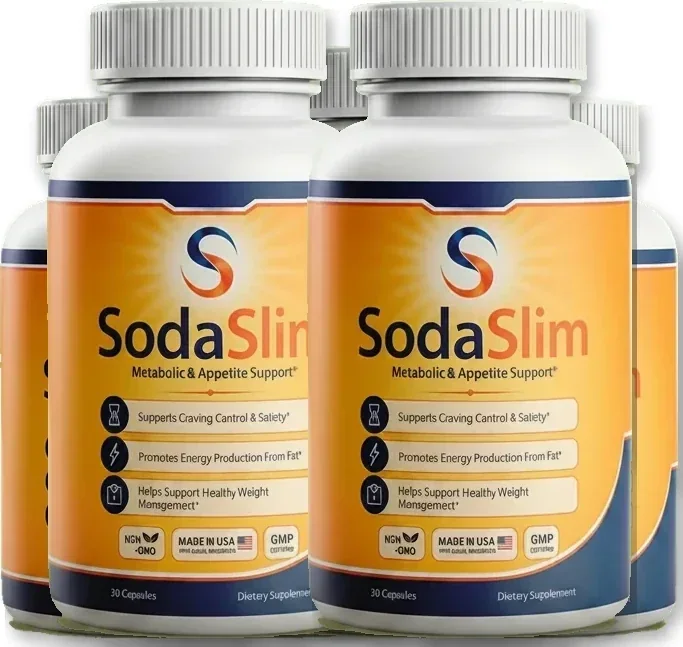 6 white SodaSlim capsule bottles with orange and navy labels